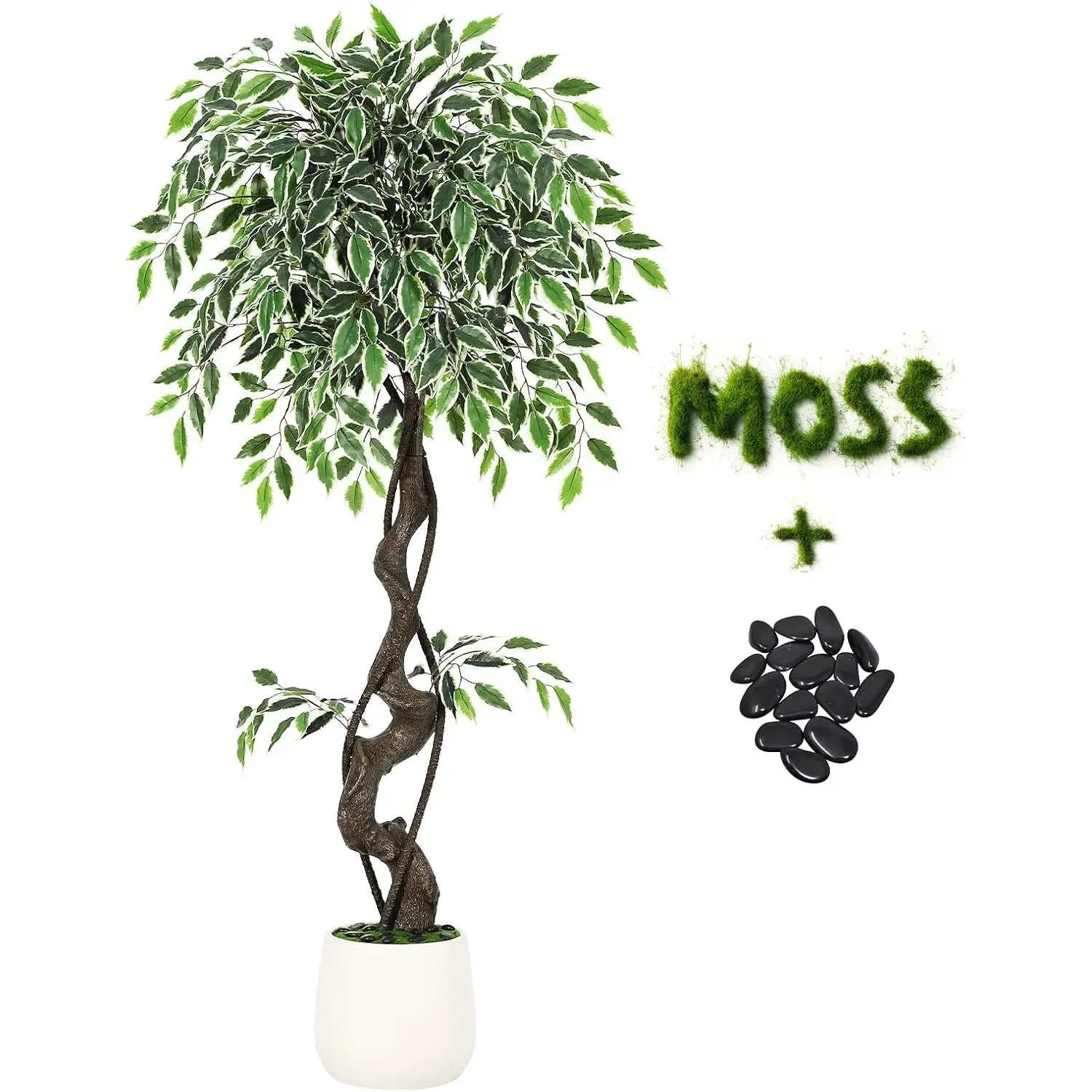 4 ft Faux Ficus Tree in White Planter – Lifelike Artificial Floor Plant with Pebbles & Moss, Indoor/Outdoor Decor for Home, Office & Living Room