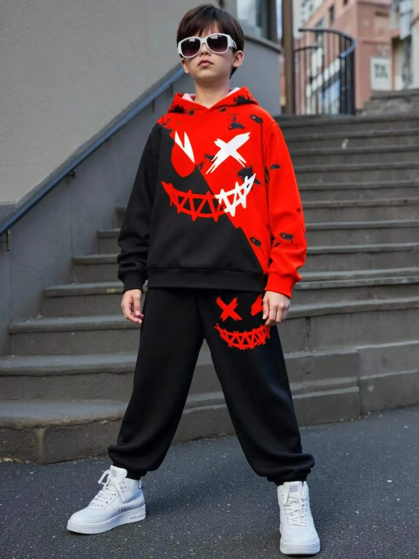 2-Piece Teen Boy Casual Street Graffiti Print Hoodie and Sweatpants Matching Set, Fall Winter Clothing, School Sports Wear