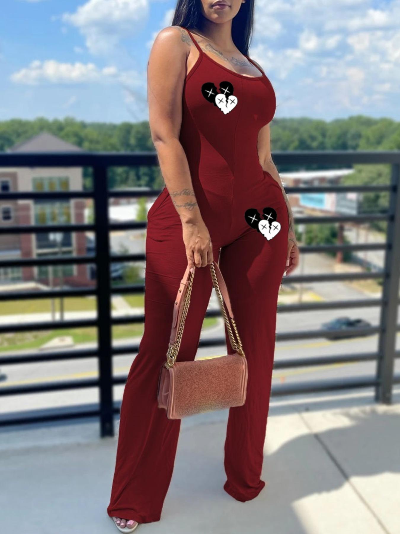 Women's Heart Print Pocket Overall Jumpsuit, Casual Fitted Sleeveless Jumpsuit for Daily Wear, Ladies Clothes for All Seasons