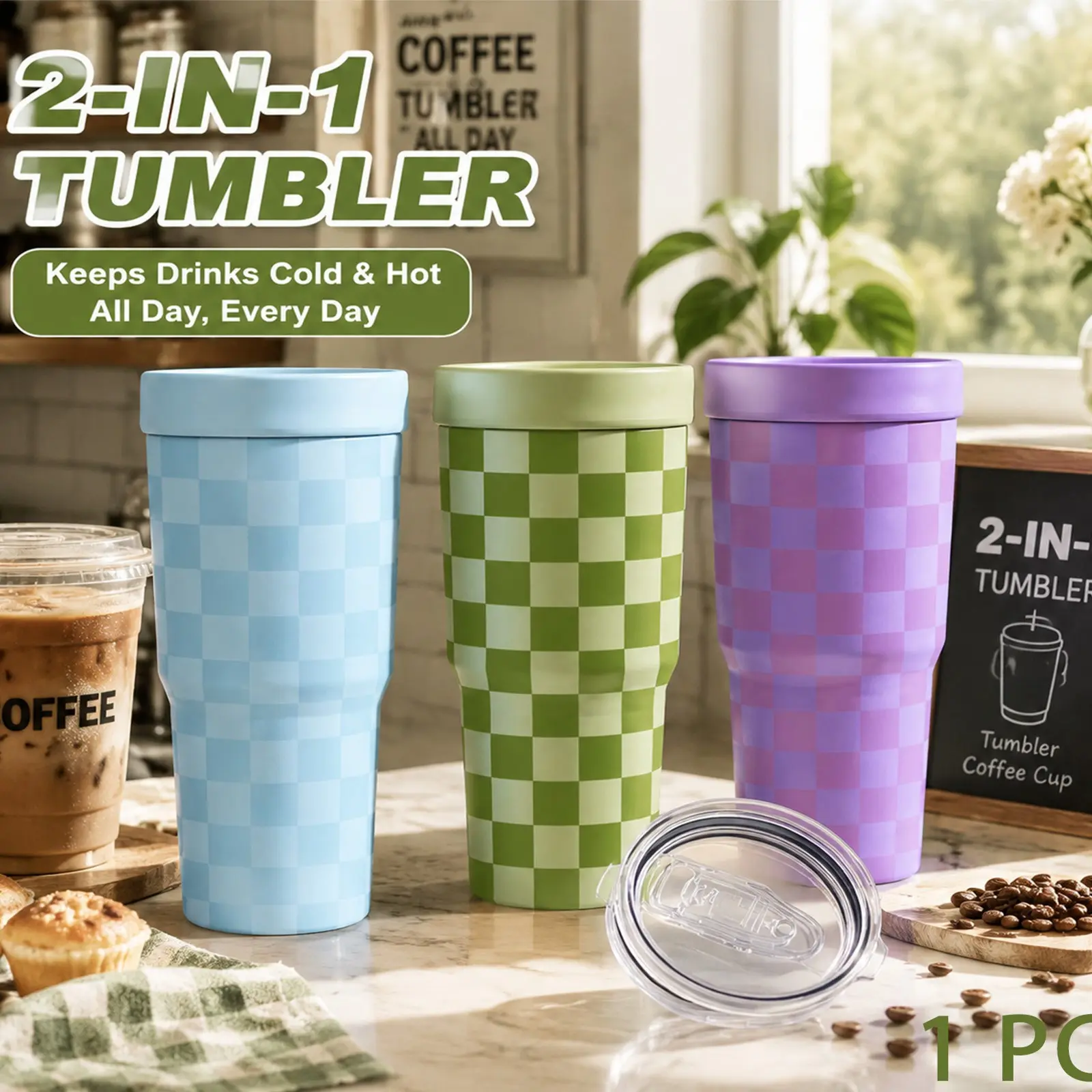 1PC 32oz Checkerboard 2-in-1 Insulated Tumbler & Iced Coffee Cup Sleeve, Leakproof Insulated Tumbler, Leak-Proof Double Wall Stainless Steel, Cold 12+H & Hot 6+H, Fits 16–24oz To-Go Cups, Cup Holder Friendly, Christmas Gift for Friends & Family