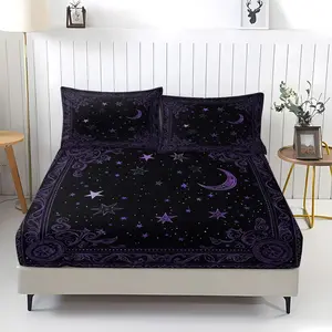 Starry Moon Magic Printed Pattern Bed Sheet, including 1 bedsheet and 2 pillowcases, anti slip dust cover suitable for bedrooms and guest rooms, suitable for personal use or gift giving