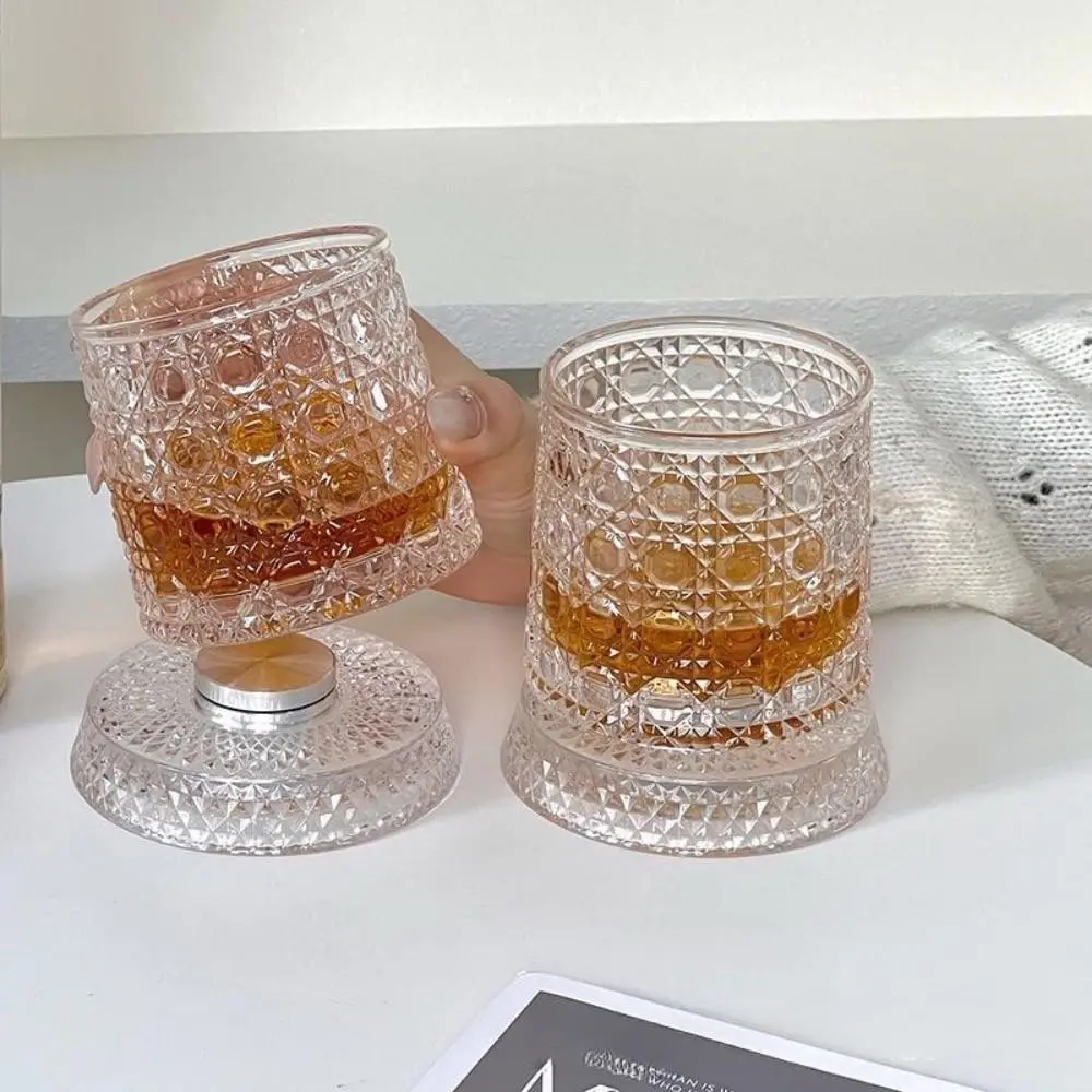 2-Pack Diamond-Shaped Rotating Glass Whiskey Cups, Modern Barware for Whisky, Spirits, Drinks, Party, Restaurant, No Assembly Needed, Whiskey Glasses