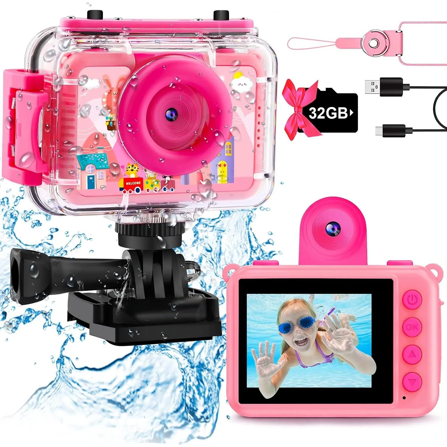Pool  &  Underwater Camera - 99FT   Action Camera 1080P Video&20MP Photo with Flip Lens, Includes 32GB Card for Diving Swimming Beach Snorkeling,Birthday  for Girls -