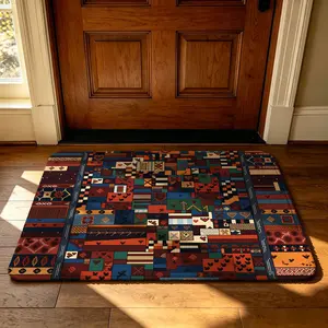 A rectangular indoor rug with a retro geometric ethnic pattern. The rug is surrounded by an anti-slip felt and silicone border, and is made of soft silk. It can be machine-washed and is suitable for use as a door mat to prevent dirt, in bedrooms, b