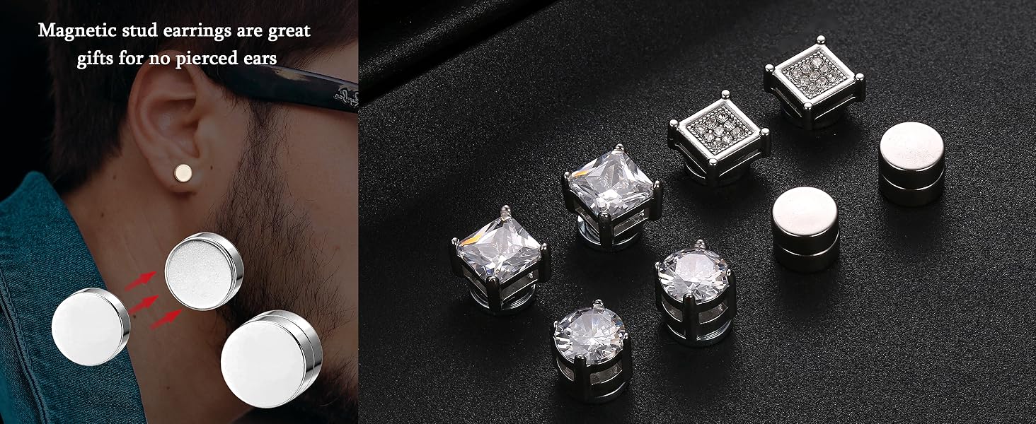 4Pairs Stainless Steel Magnetic Stud Earrings for Men Women Silver Tone CZ Non-Piercing Clip On Stud Earrings Set 6-8MM