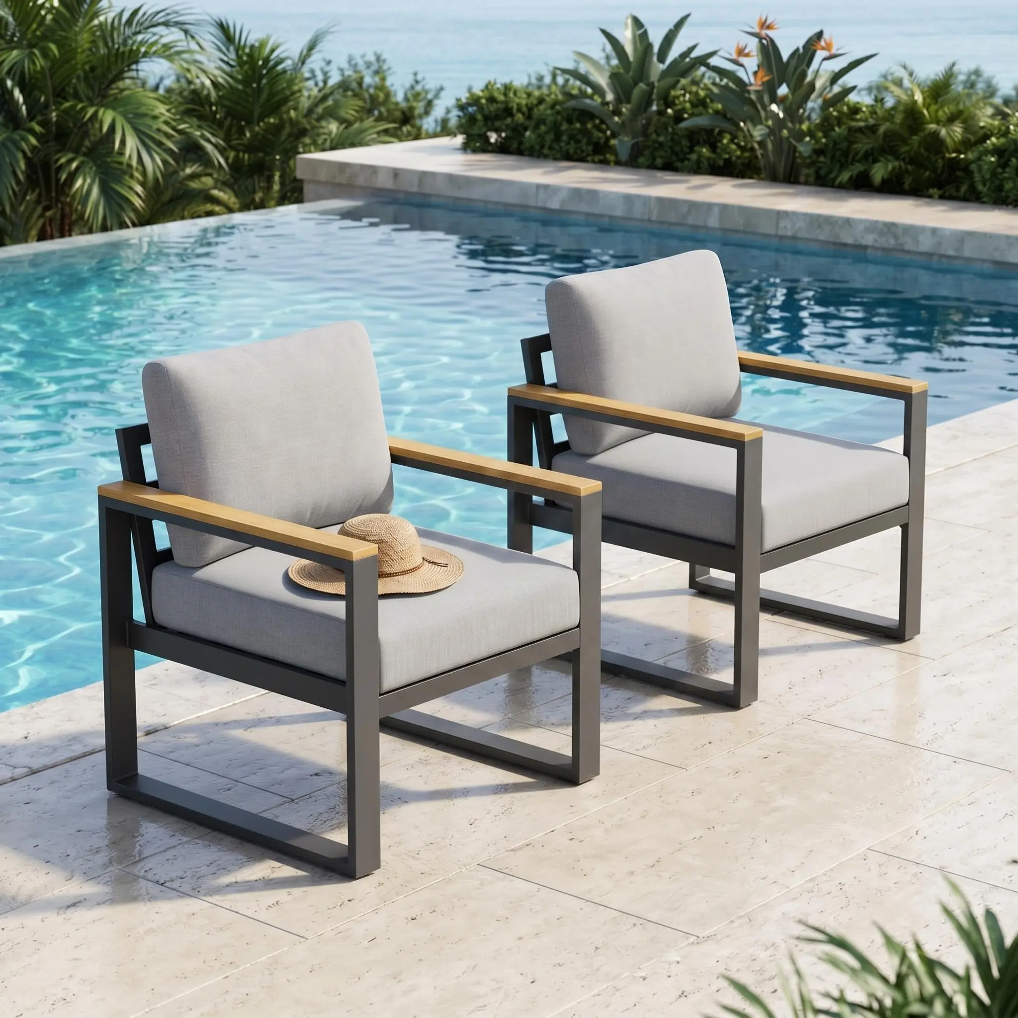 GARVEE 2-Piece Modern Rectangular 2-Seat Aluminum Patio Armchairs - All-Weather Durable Outdoor Seating with Upgraded Cushions, Gray Finish for Balcony, Garden