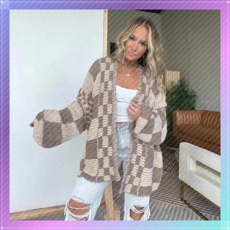 Casual Cardigan Sweater for Women Fall  Long Sleeve Open Front Chunky Knit Sweaters Checkered Outwear Coat（gift）Gift