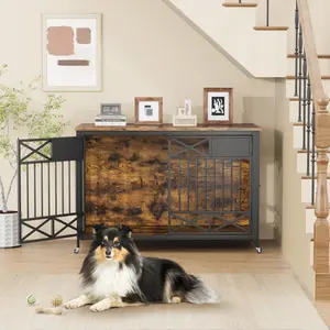 47" Furniture Style Dog Crate with Name Tag, Heavy Duty Wood Dog Kennel with Double Doors, Decorative Pet Cage End Table & TV Stand for Large Dogs