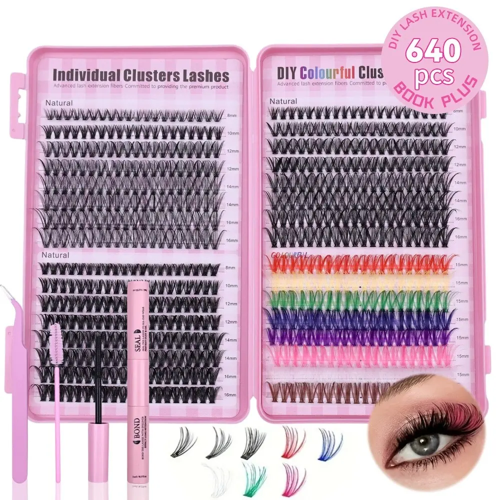 640 Pcs D-Curl Individual Lashes Clusters Kit, DIY Eyelashes Set, 30D+40D+50D, Colorful Lash Book, Bond & Seal, Brush Applicator, Easy DIY Extensions