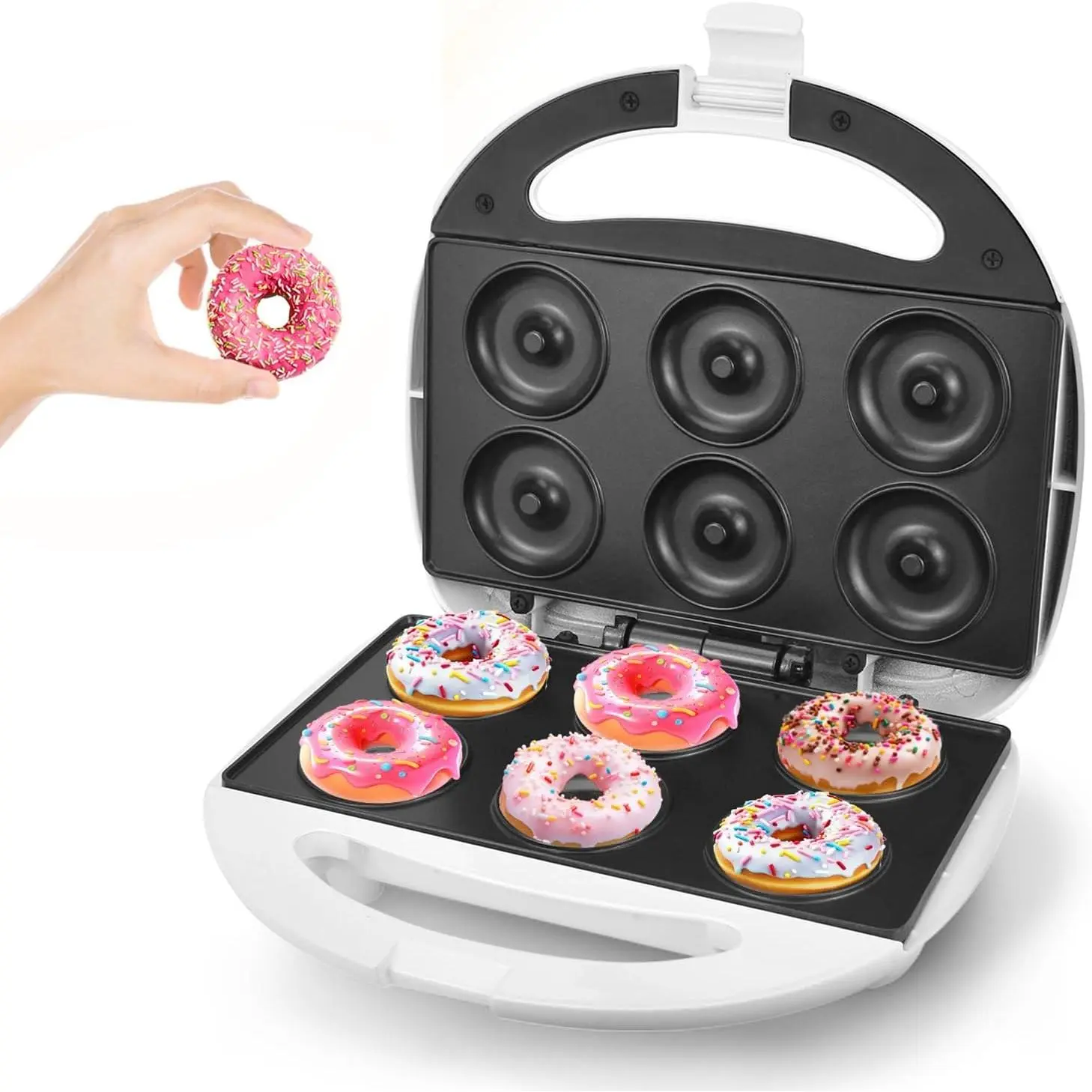 Mini Donut Maker - Non-Stick, 6 Donuts, Cool-Touch | Quick 3-Min Baking, Indicator Lights, Easy Wipe-Clean, Breakfast/Snacks/Desserts, Electric Doughnut Machine, White