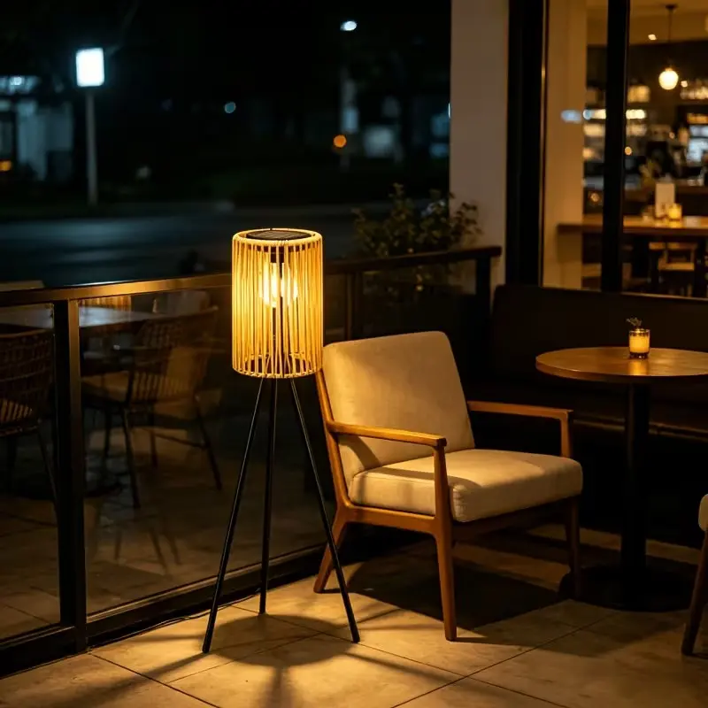 Solar-Powered Outdoor Floor Lamp, Handcrafted Wicker Lantern with Wrought Iron Tripod, Housewarming Gift, Rustic Indoor/Outdoor Decorative Solar Lantern, Solar Lights