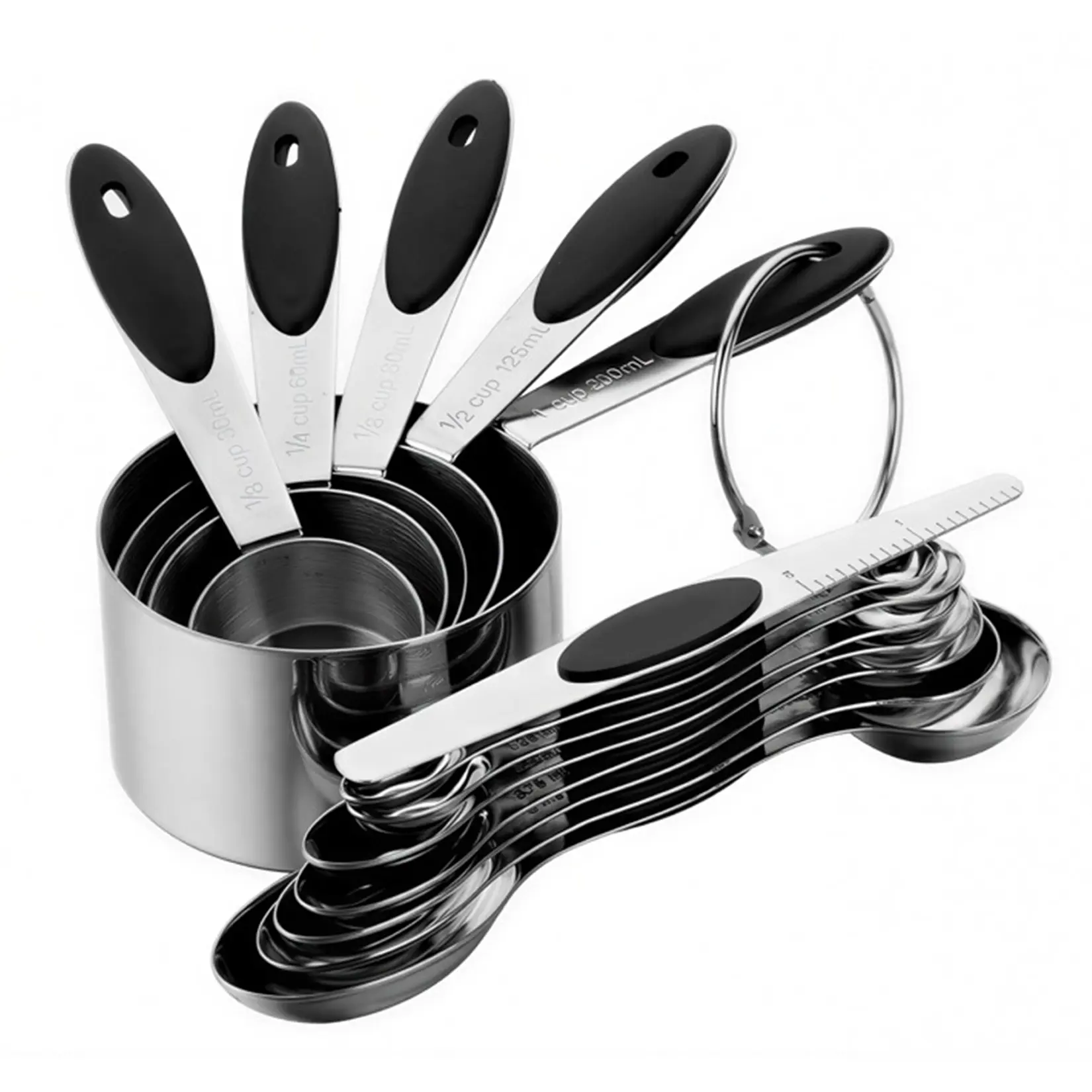 13-Piece 304 Stainless Steel Measuring Cups & Spoons Set, Black Non-Slip Handles, Engraved Measurements, Nesting Design, Dishwasher Safe