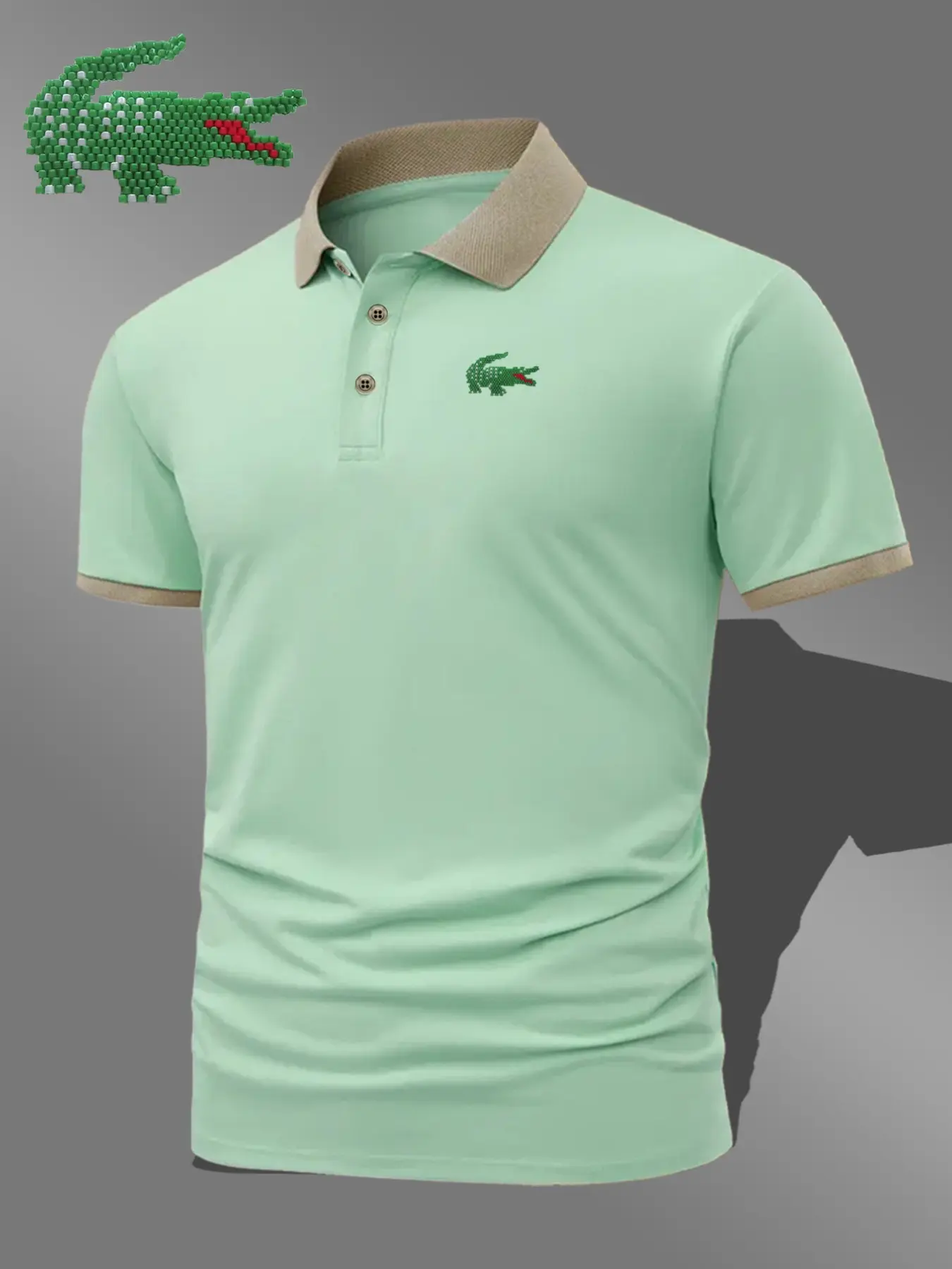 Men's All-Season Crocodile Print Polo Shirt, Comfortable Casual Fitted Short Sleeve, Breathable Elastic Fabric, Best Selling Style