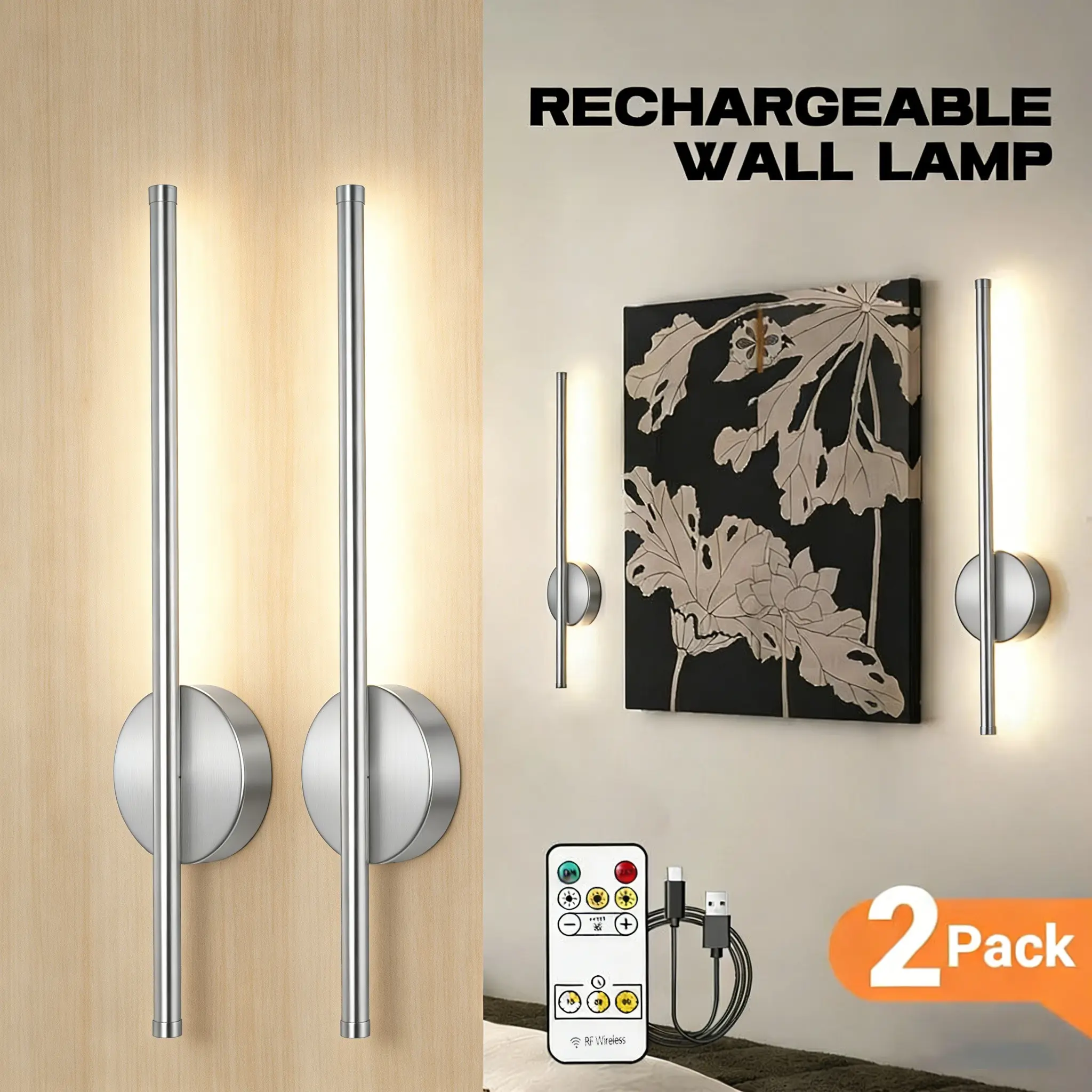 2 Pcs Silver Wall Lamps, Cordless Wall Lamps, Battery Operated Wall Sconces, Powered By 4000 mAh Battery, Dimmable With Remote Control, Adjustable Lights, Decorative Dimming Lights, For Hallways, Bedrooms, TV Walls, Study Rooms, Indoor Decorative Lighting