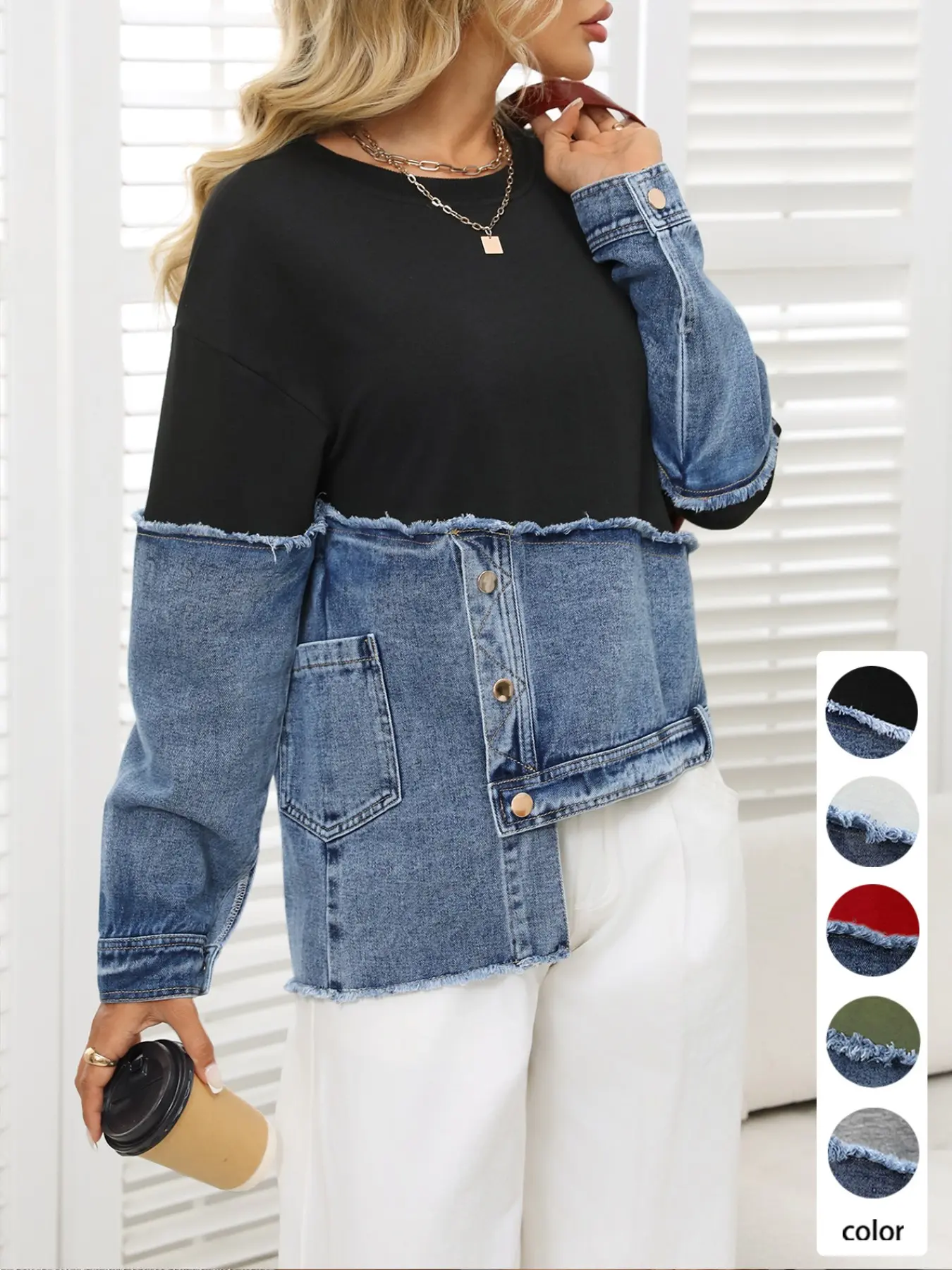 Women's Colorblock Denim Patchwork Basic Top, Frayed Edge Asymmetrical Hem Round Neck Long Sleeve Loose Fit Oversized Top with Pockets, Spring & Fall Daily Wear, Womenswear