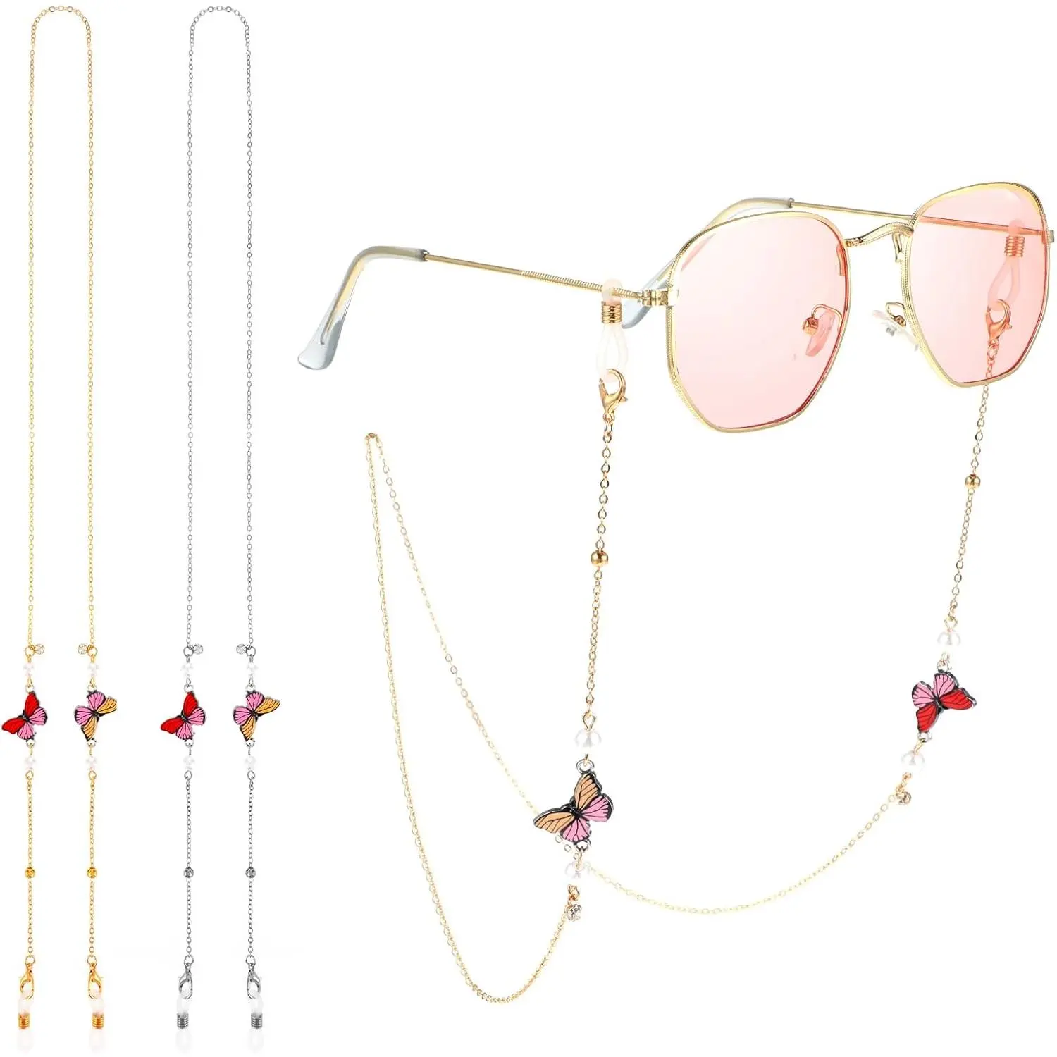 2-Piece Beaded Eyeglass Chain for Women, Lightweight Necklace Strap with Butterfly Motif, Convertible Holder for Glasses and Masks, Beaded Chain, Female Wear, Casual Use