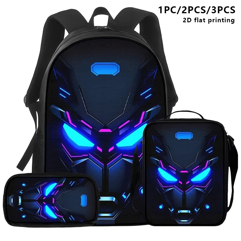 1pc/2pcs/3pcs Cyberpunk Robot Face Design Backpack, Lunch Bag, Storage Bag with Neon Blue and Purple Glowing Effect. Avant-garde Style. for Trendy Teens and Young Adults, Suitable for Daily Commutes.