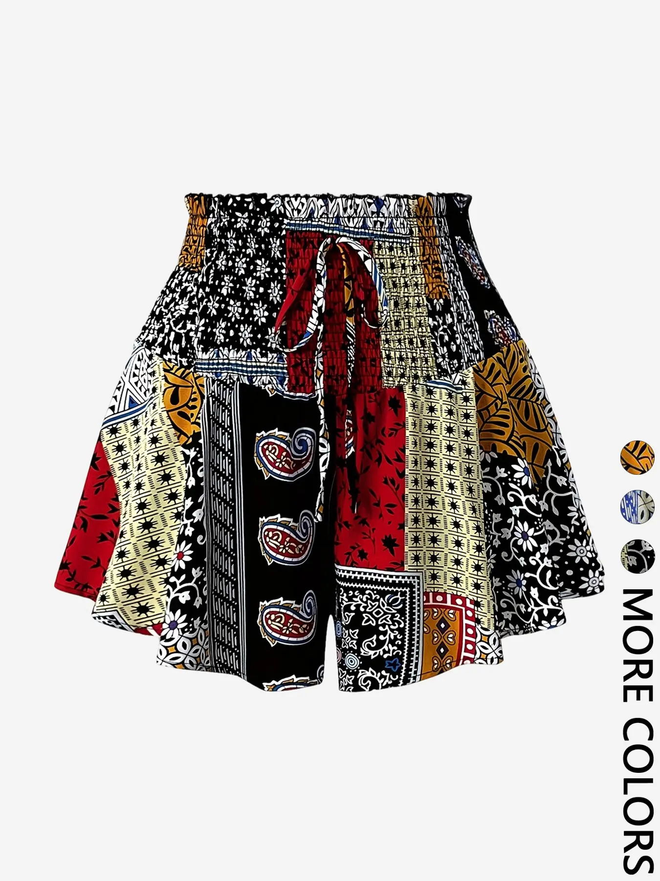 Women's Patchwork Printed Shorts, Smocked Elastic Drawstring Waist, Lightweight Breathable Shorts for Vacation Beach Daily Wear