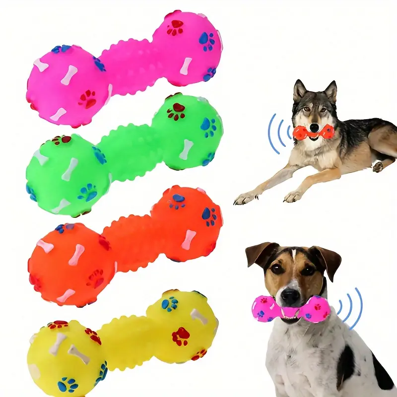 Pack of 3 - Interactive Squeaky Dumbbell Dog Toy - Durable Rubber Chewing for Small Dogs, Dental Health & Training Assistance, Random Color Selection