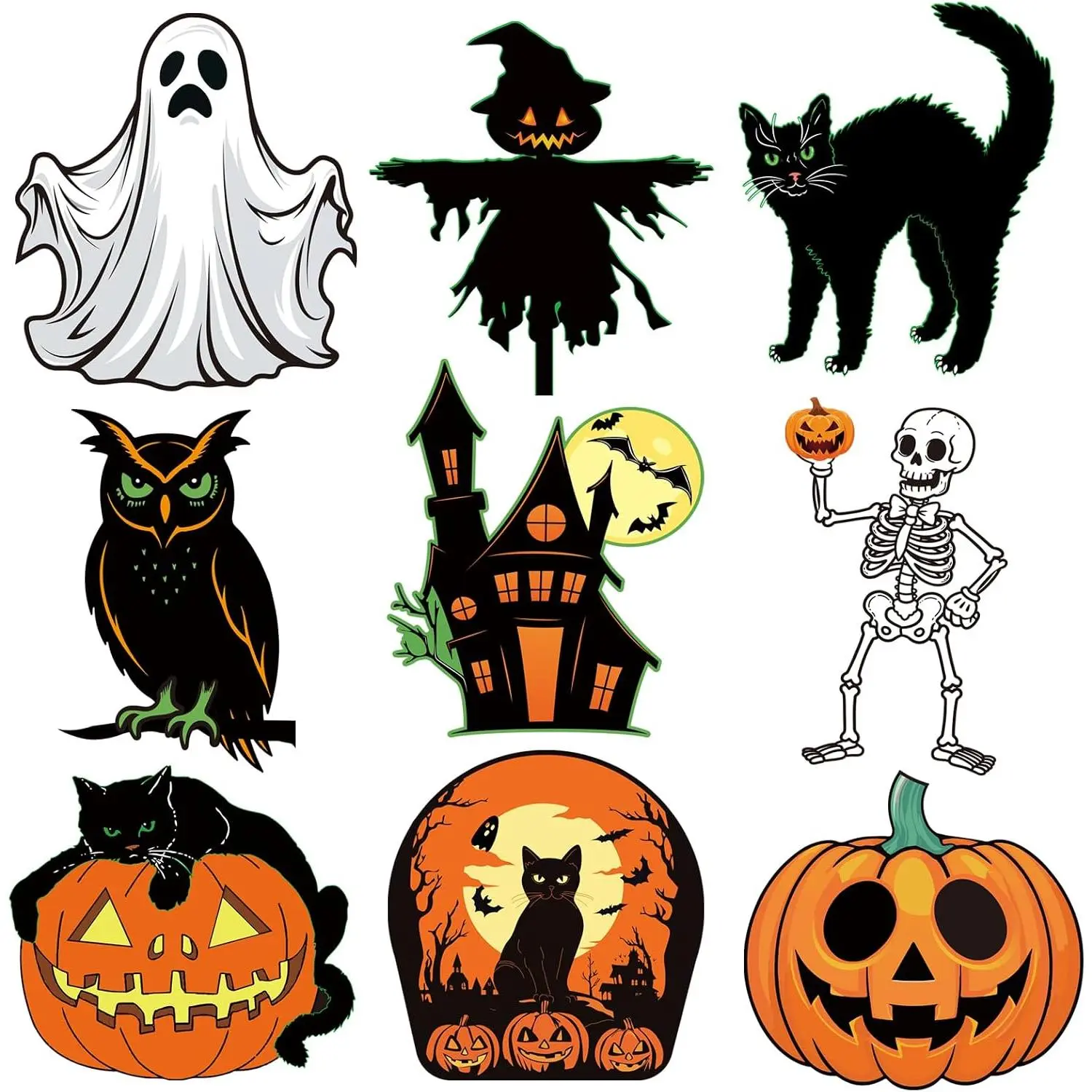 Large Size  Halloween Decorations Double-Sided Halloween Cutouts Retro Halloween Cut-Outs Cardboard Old Style for Window Wall Decor(9PCS)
