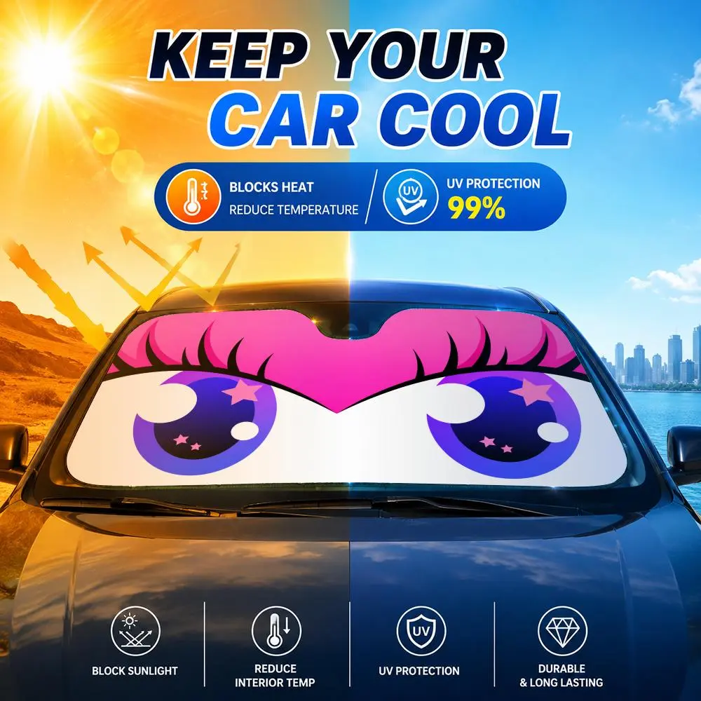 Cartoon Pink Big Eyes Foldable Car Sun Visor for Front Windshield, Front Window Sun Shade for Car, Reflective Heat Blocking and UV Protection Sunshade, Easy Storage Universal Fit for Cars SUVs Trucks