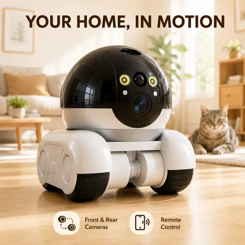 Robot Camera Movable Security Bot With 1080P Dual Lens Built-in IR Night Vision App Remote Tank Track Control Two Way Audio Pet Tracking Laser Play, Home Monitoring Camera, Indoor Surveillance Device For Cats Real Time View Monitoring Wifi Security Camera