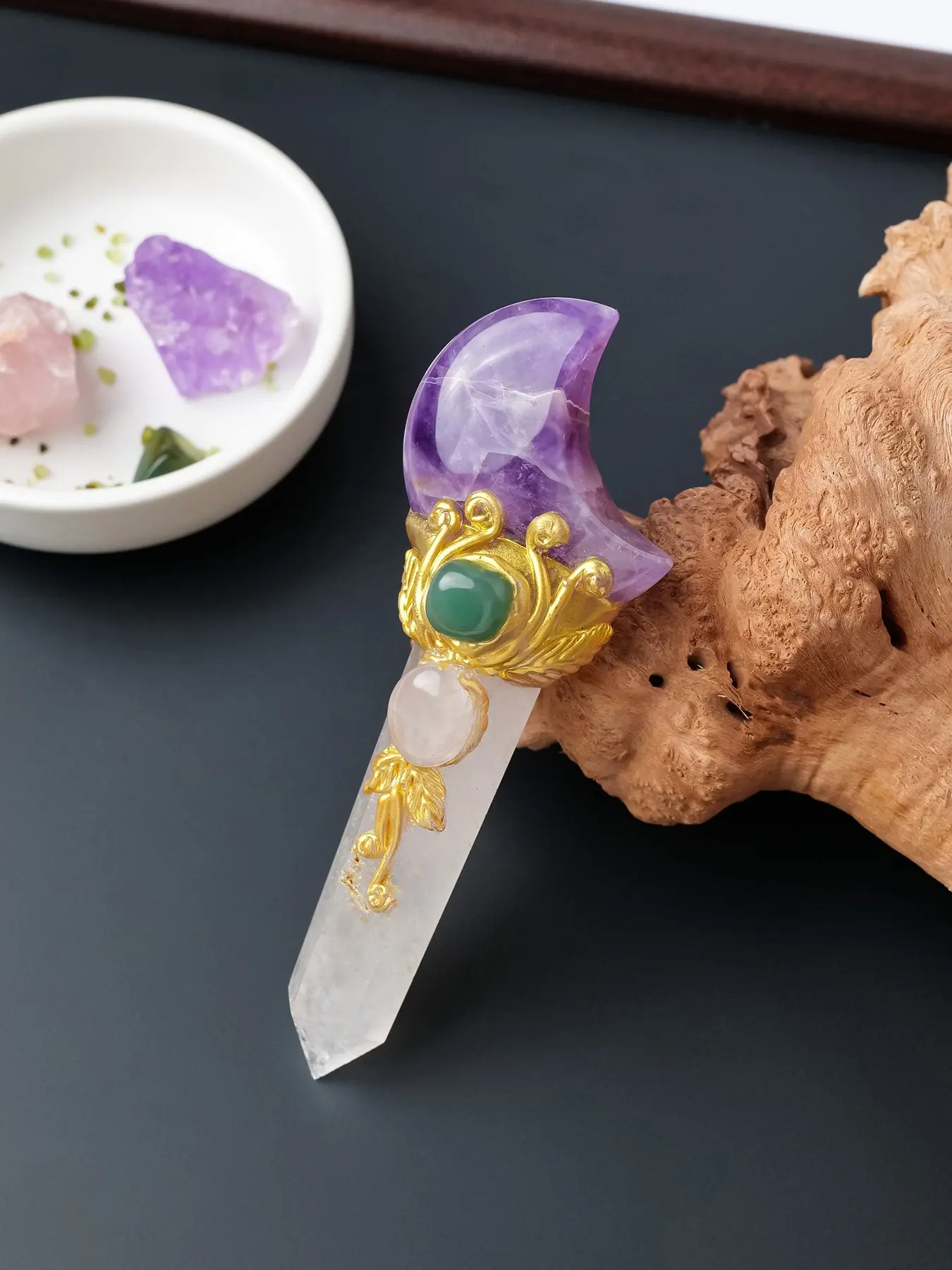 Natural Crystal Moon Star Wand, Amethyst Moon Quartz Star, Healing Spiritual Witchcraft Altar Decor, Crystal Decorative Ornaments, Gift Idea