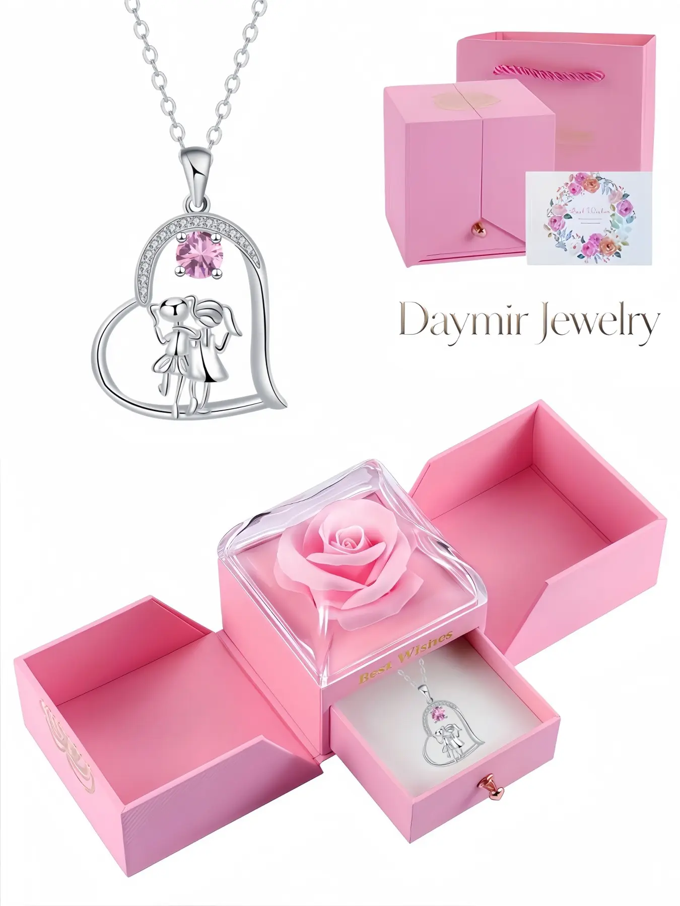 Childlike Hug Pink Heart Necklace, stylish delicate heart jewelry with shiny stones for best friends. It comes with a lovely double-door preserved rose gift box, ideal for dates, Valentine’s Day and Christmas.
