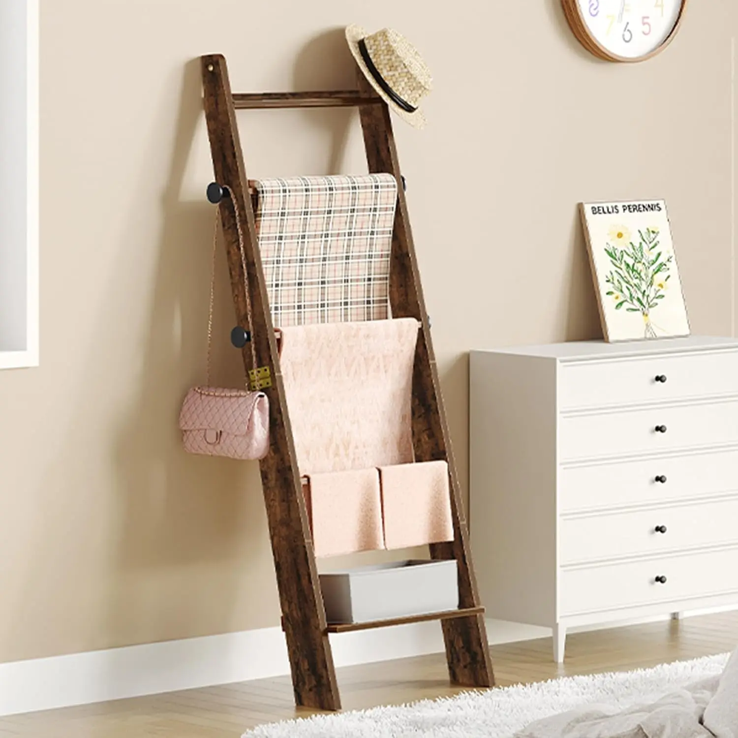 Rustic Brown 5-Tier Shelf Blanket Ladder with Ladder Shape, 4 Removable Hooks, Requires Assembly for Bedroom Living Room | BR30501X