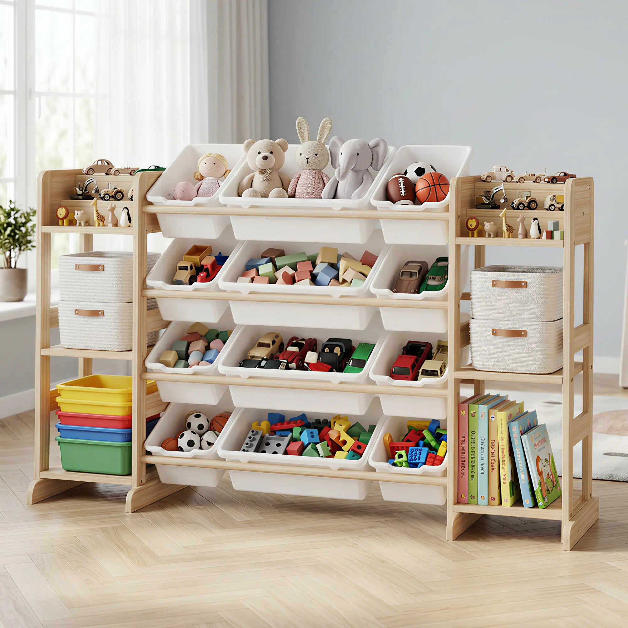 Spacious Toy Storage Organizer for Kids – 12 Removable Bins & 6 Open Shelves – Solid Wood Bookshelf Cabinet – Multi-Compartment Storage Unit for Playroom, Bedroom, Nursery – Classic White Finish