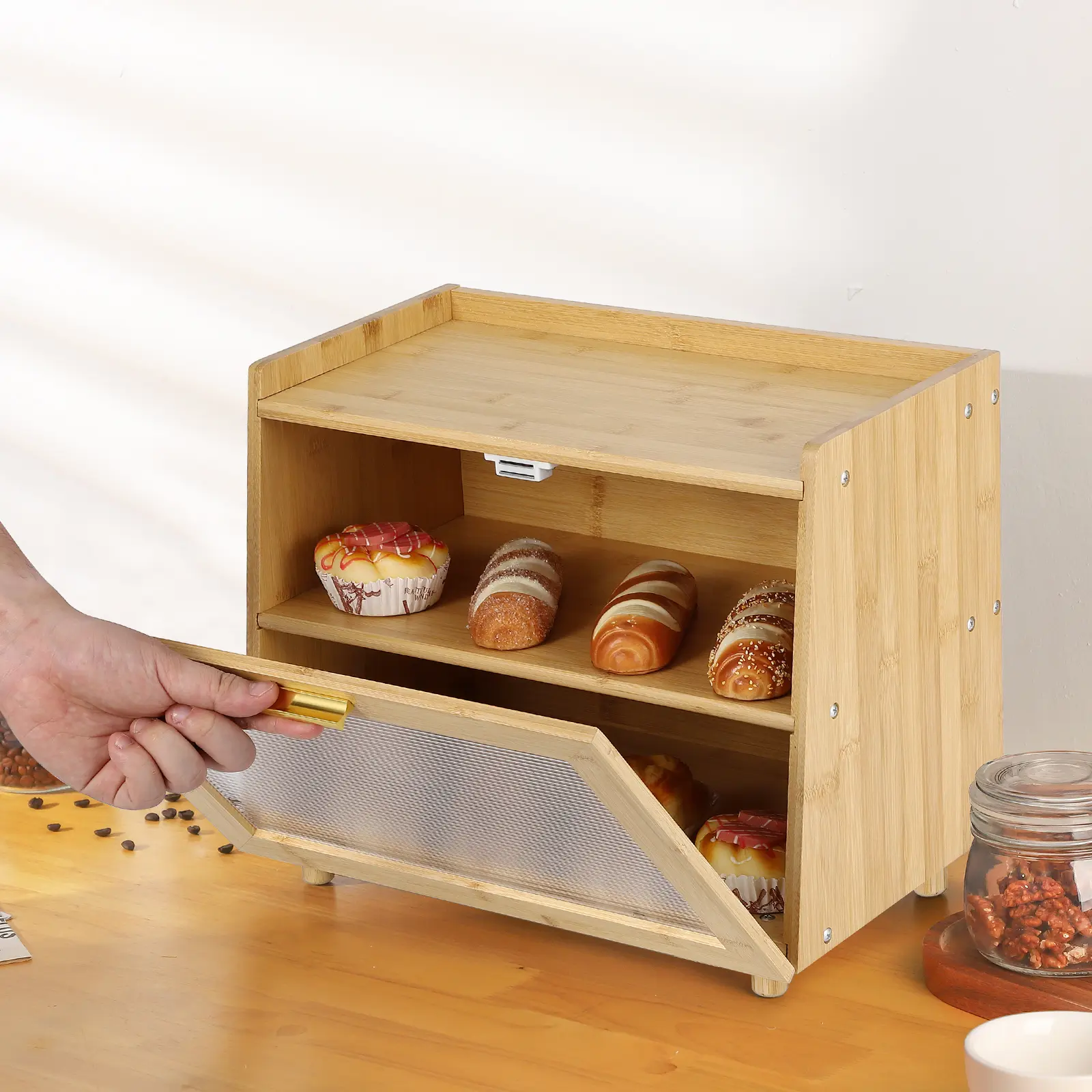 2‑Layer Bamboo Bread Bin for Kitchen Countertop, Large Farmhouse‑Style Airtight Bread Keeper with Transparent Acrylic Window & Modern Black Corner Accent, Countertop Bread Storage Container