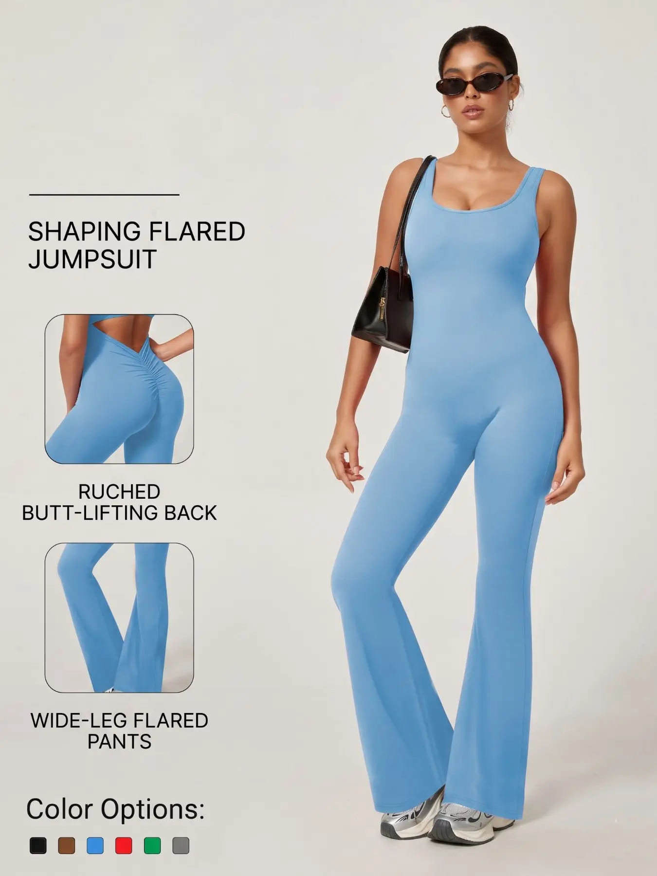 Sculpting Jumpsuit Shaping Jumpsuit Women's Sleeveless Flare Leg Yoga Jumpsuit Open Back Scrunch Butt One Piece Bodysuit Stretch Workout Activewear