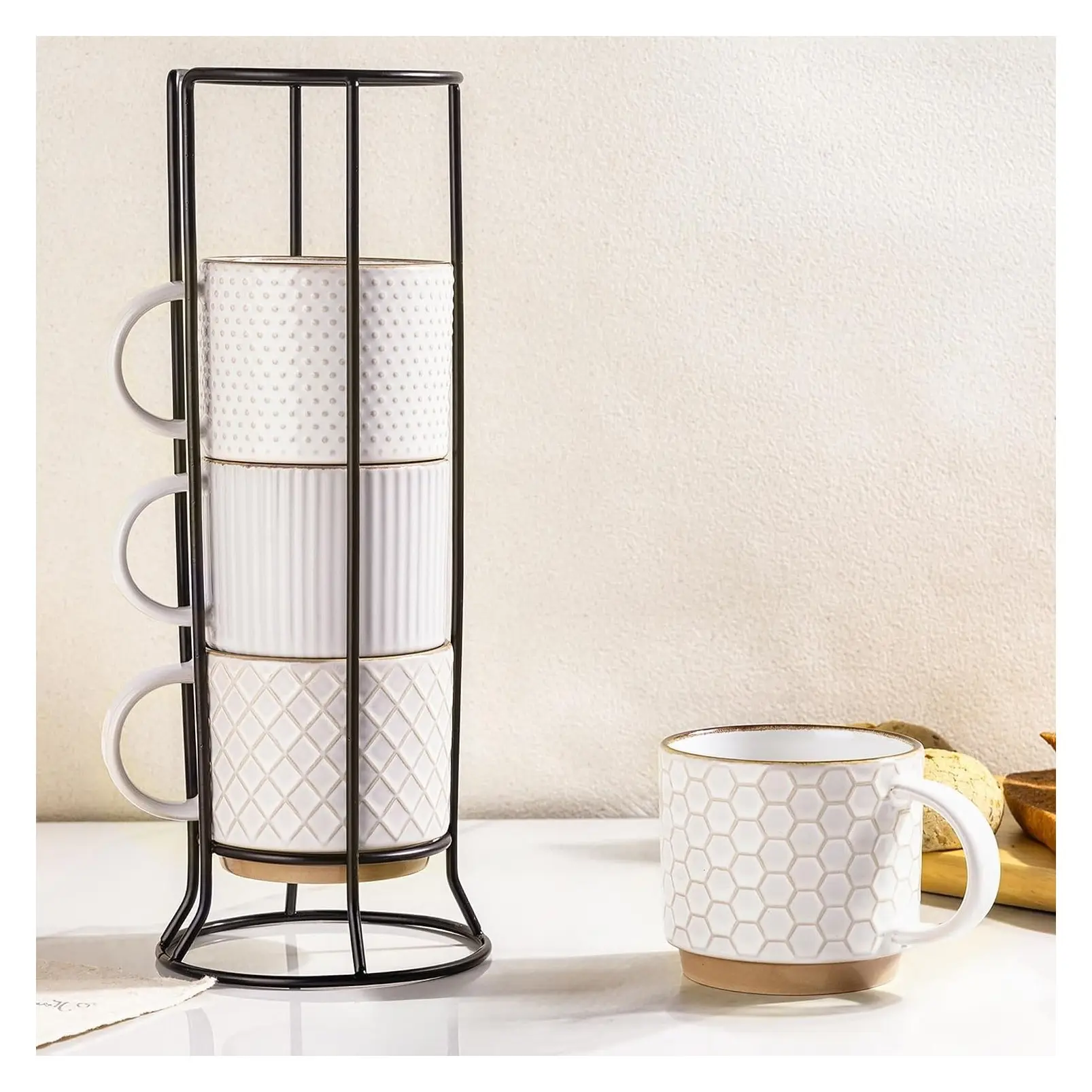 12 oz Stackable Coffee Mugs Set of 4, Ceramic White Coffee CupsGift