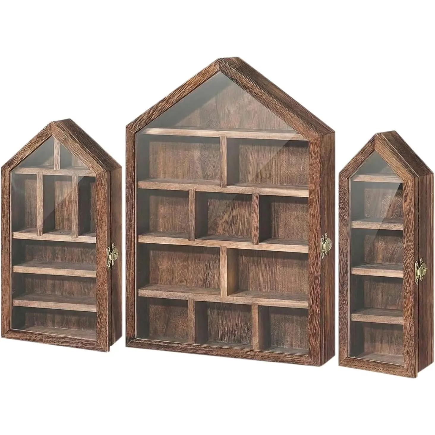 Brown Wall Storage Organiser (Set of 3) - Solid House-Shaped Durable Trinket Shelf with Door, Compartmentalized Curio Shadow Box for Miniatures, Rocks & Collectibles (Miniature Focus), House Shape