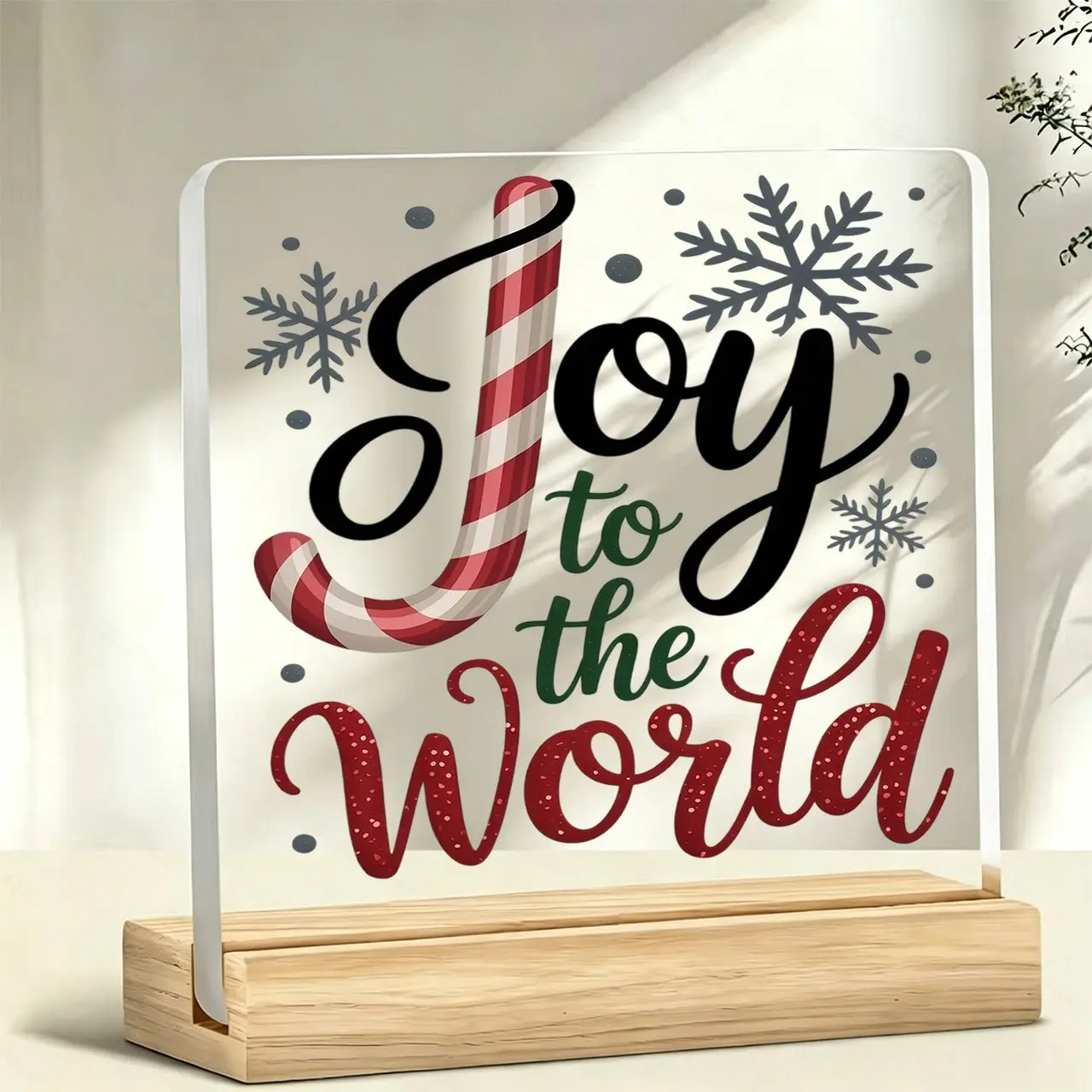 Joyful World Christmas Acrylic Desktop Decor, Candy Cane Snowflake Holiday Desk Stand, Home Decoration Ornament with Wooden Base