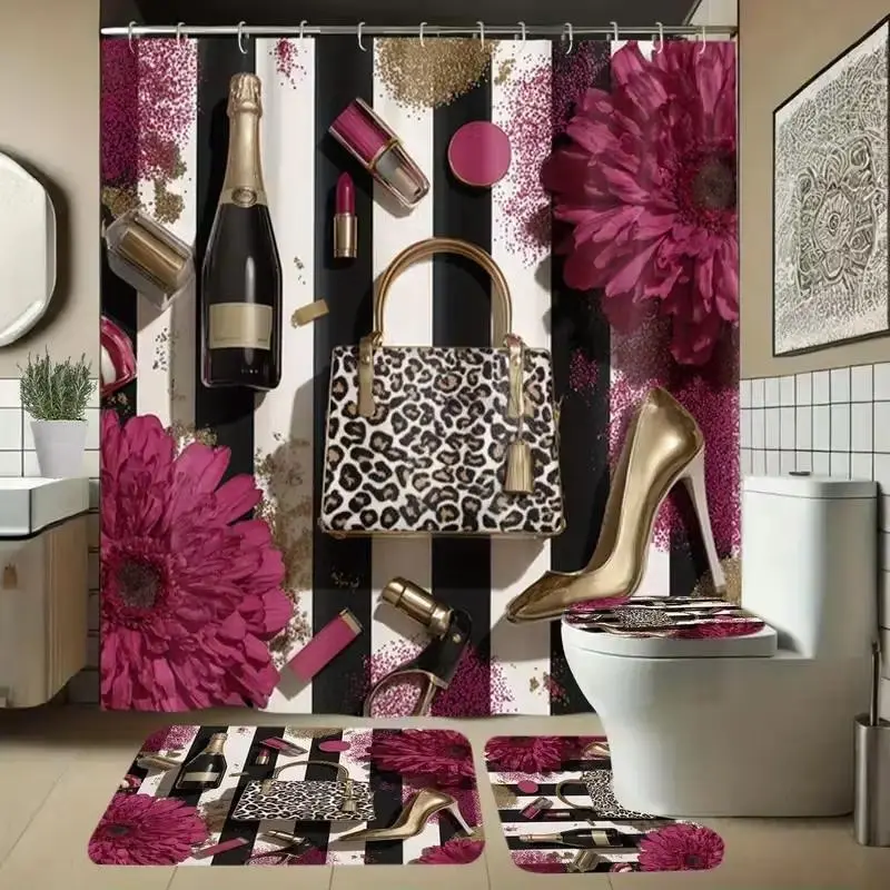 1/4pc Beauty Pattern Shower Curtain Set, Removable shower curtain, including a shower curtain, toilet seat cover, and U-shaped mat, Comes with 12 shower curtain hooks, Bathroom Accessory