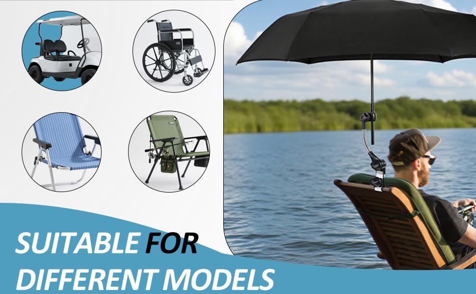 Universal 360 °   Adjustable Stroller Umbrella Attachment, Umbrella Holder for Chairs, Bikes & Wheelchairs - Clamp Fits 0.6-1.2in Handles, Beach Camping Gear