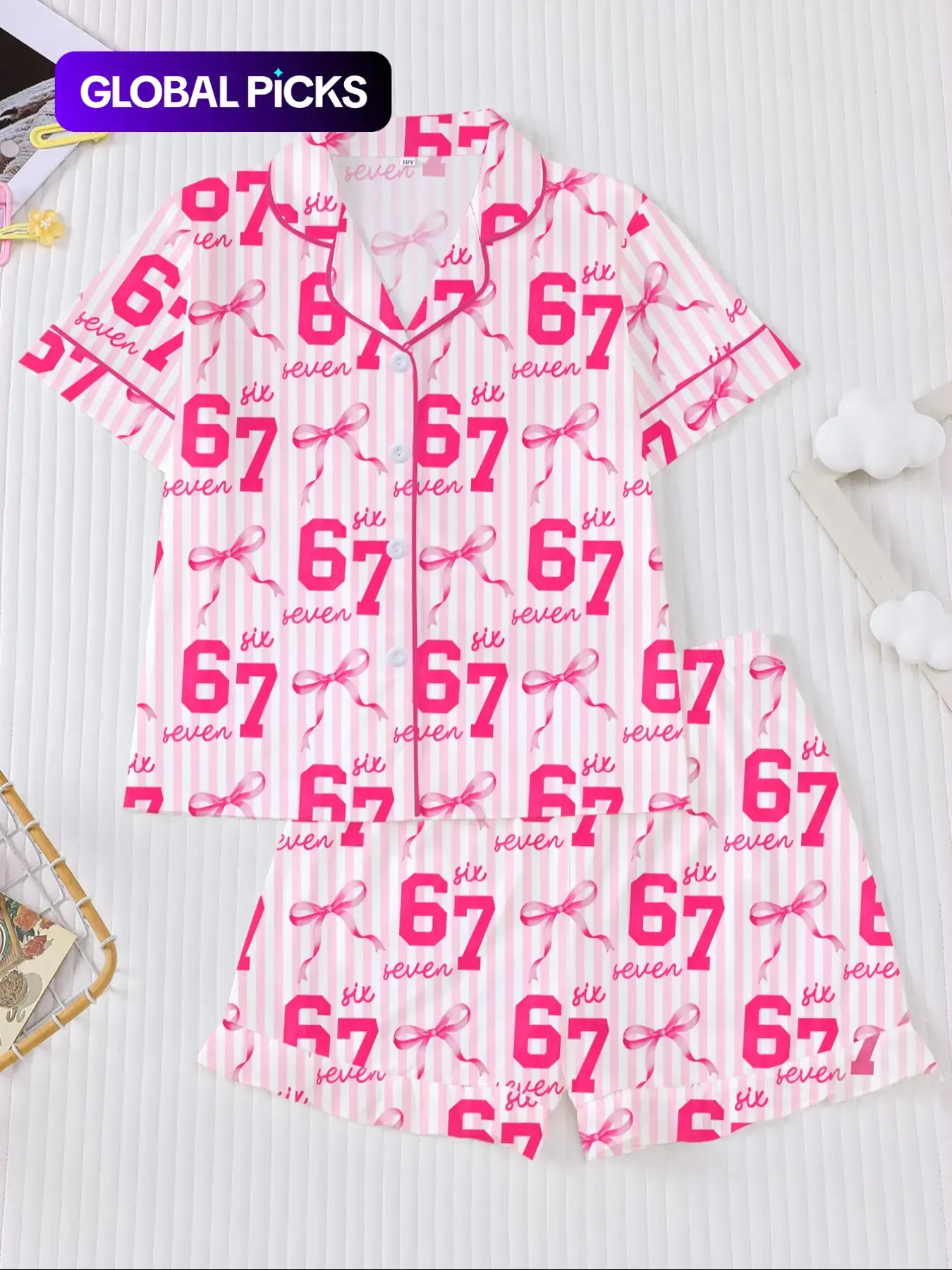 Striped Fitted Pajama Set, Fire-Retardant Button-Front Ruffled Shirt & Elastic-Waist Shorts, Casual Style Cute Cartoon Print Sleepwear, Loungewear, Pjs, Pajama Nightwear Set