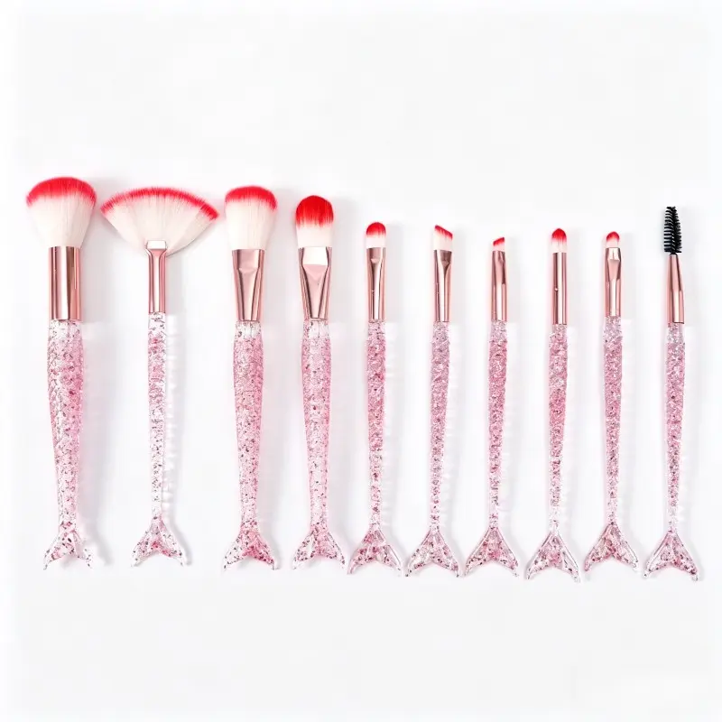 10Pcs Cherry Blossom Pink Mermaid Tail Makeup Brush Set, Full Set of Brushes for Loose Powder, Foundation, Eyeshadow & Eye Makeup, Portable Cosmetic Tools for Setting Makeup