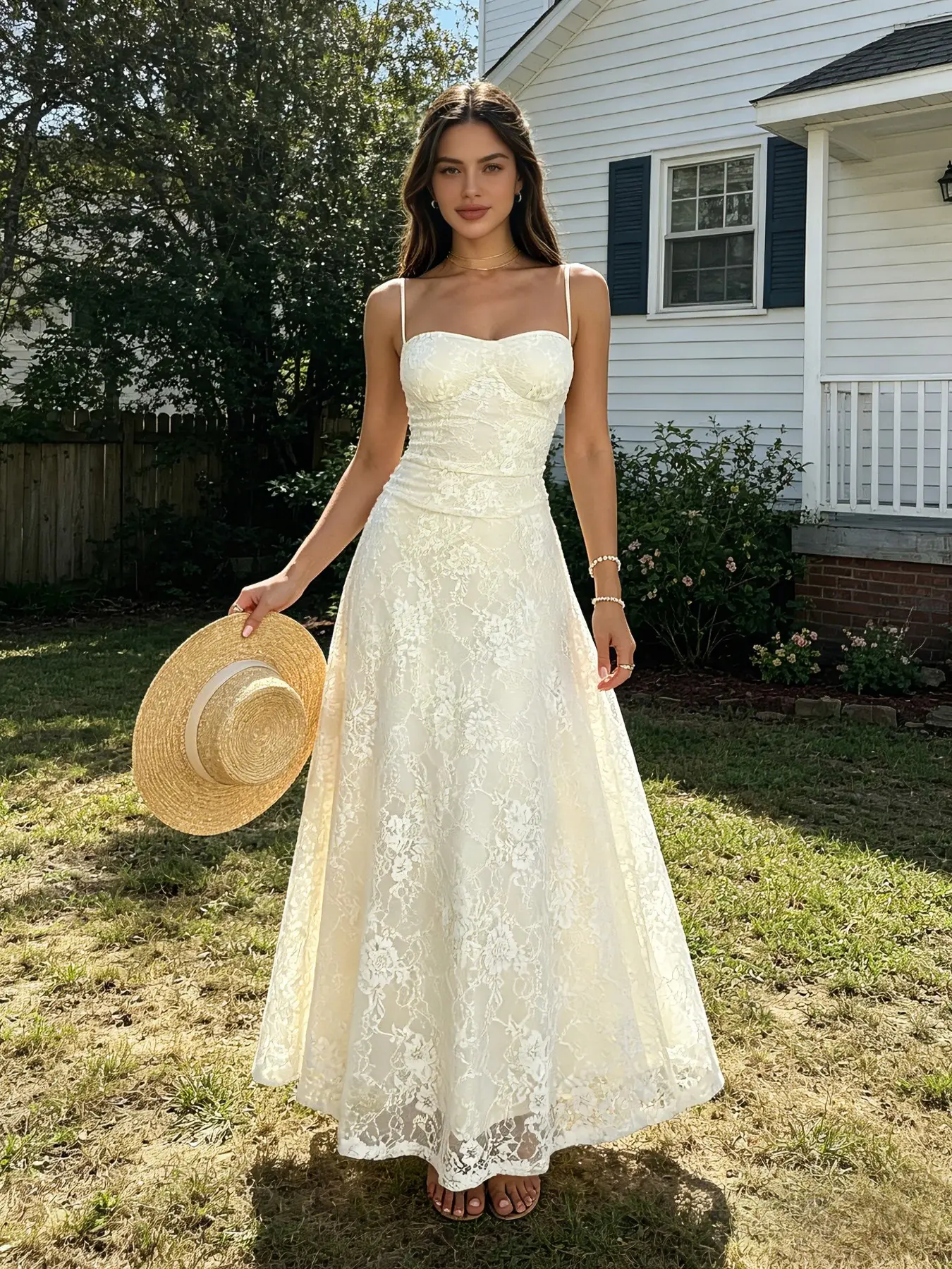 Women Lightweight Floral Lace Spaghetti Strap Sleeveless Flared Flowy Maxi Dress, Elegant Feminine Slim Fit Square Neck Long Dress for Spring & Summer, Great for Daily Commute, Dates, Beach Vacations, Cocktail Parties & Bridesmaid Wedding Occasions