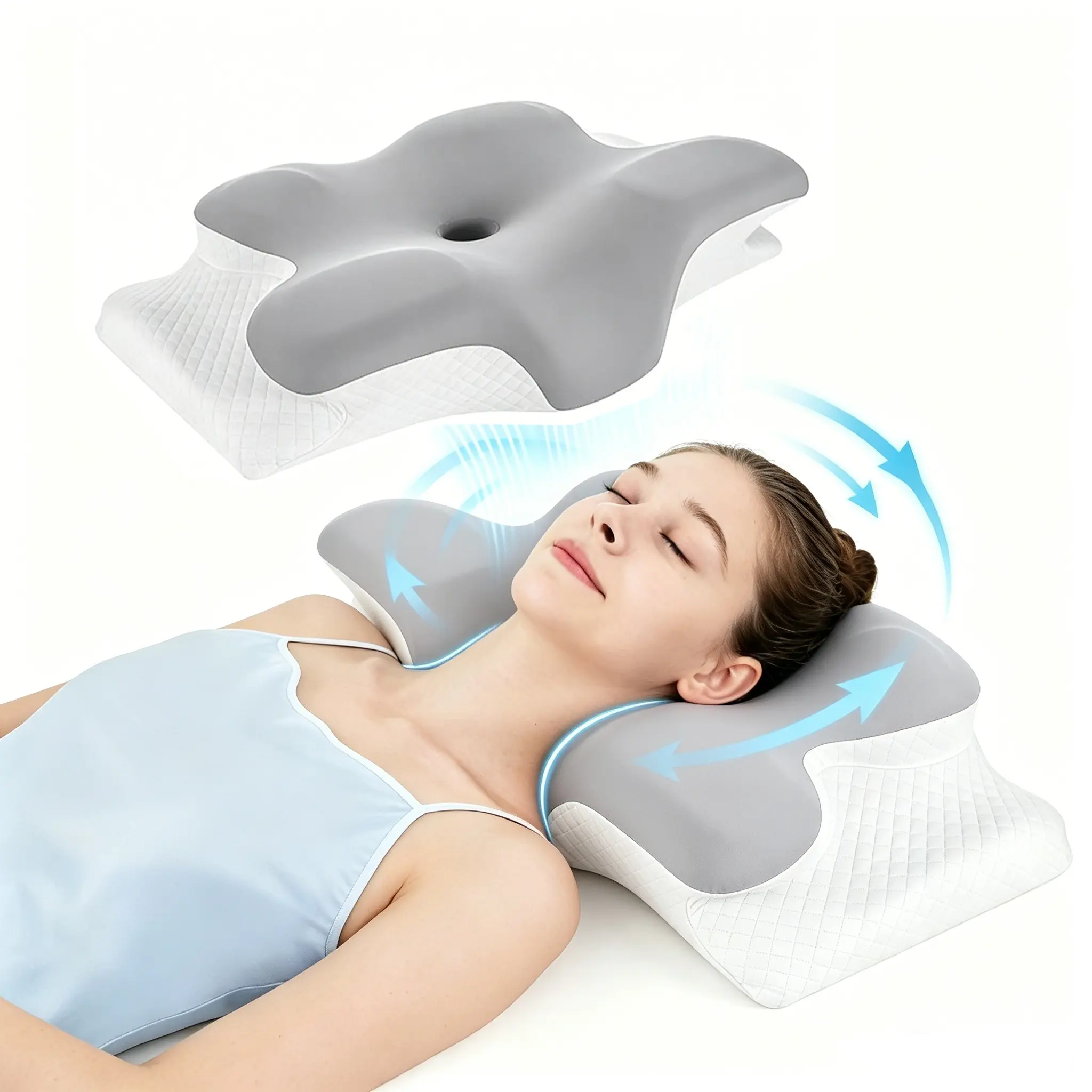 Contoured Neck Pillow, Ergonomic Durable Memory Foam, Orthopedic Memory Foam, Unscented Supportive Memory Foam with Cooling Cover, Zoned Design & Extra-Large Armrest for Side/Stomach/Back Sleepers, Double-Sided Neck Rest Cushion #GLOBAL PICKS