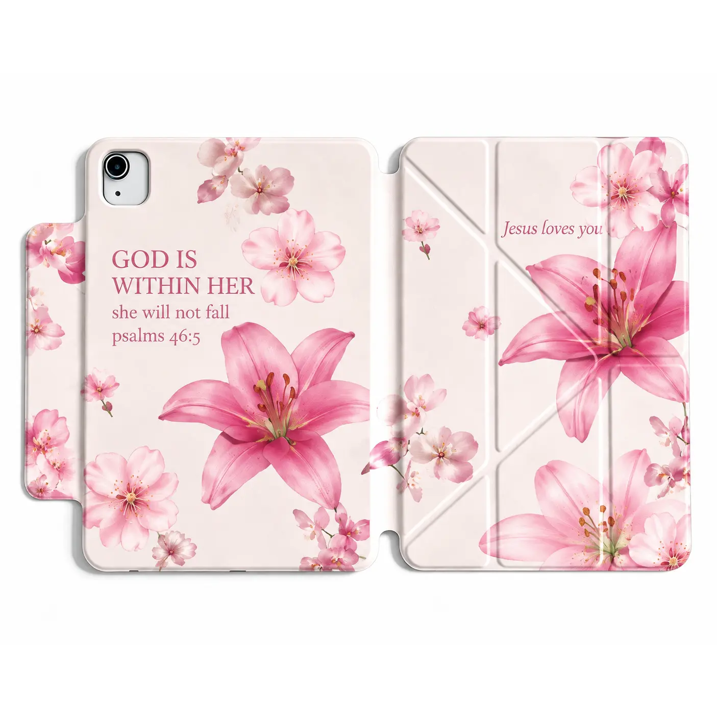 DarlingCase Pink Lily Christian Bible Verse Magnetic Detachable 360° Rotatable iPad Case, Psalm 46:5 Jesus Loves You Protective Cover with Pencil Holder, Auto Sleep/Wake, Y-Fold Stand for iPad A16/10th Gen, Air 11/13, Pro 11/12.9/13, Mini 6/7