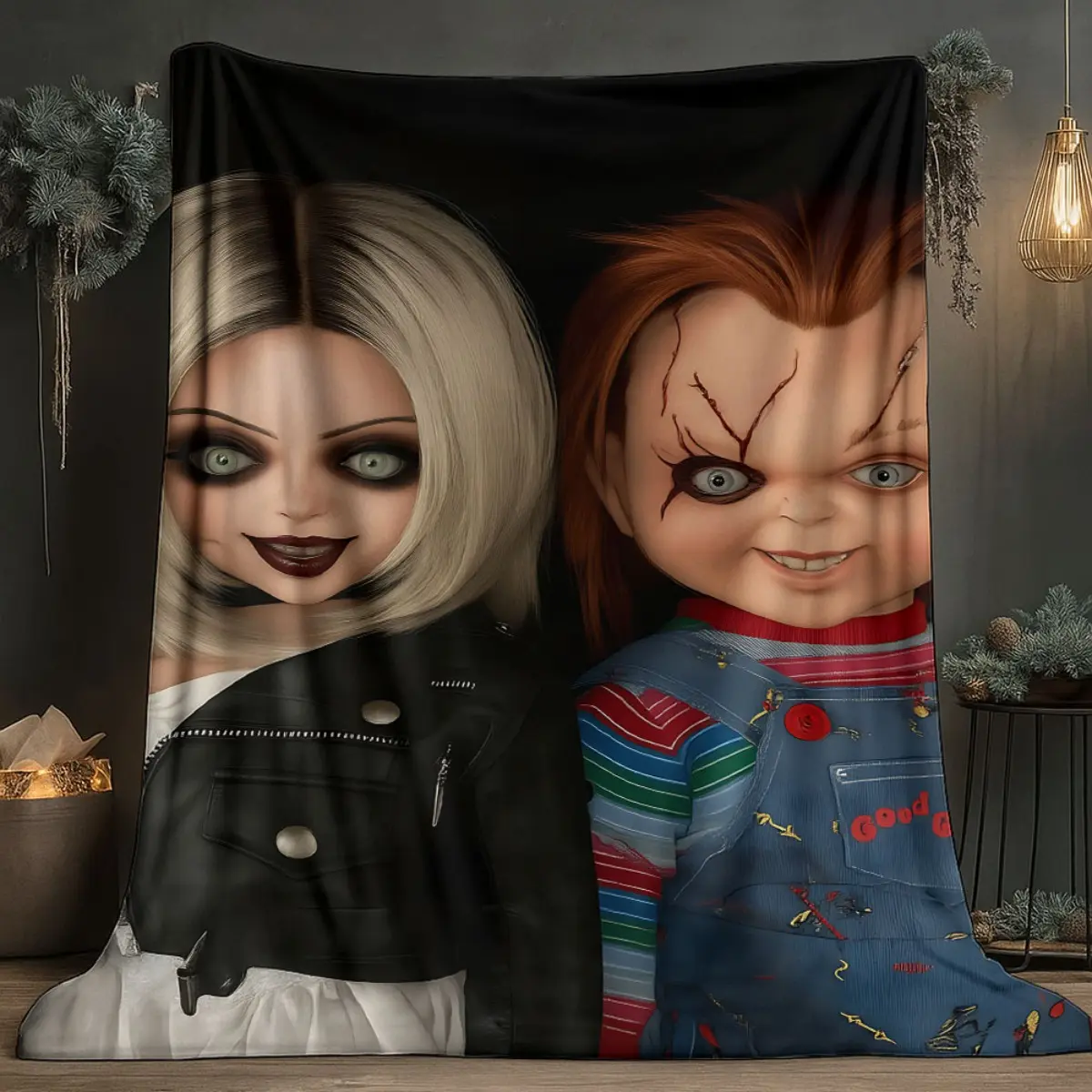 Chucky and Tiffany Couple Doll Flannel Throw Blanket Bride of Chucky Horror Character Portrait Black Background Soft Fleece Blanket Horror Movie Fan Sofa Decor Halloween Gift
