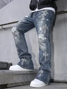 American Cross Rhinestone Ripped Micro Flare Jeans, Light Blue Distressed Wide Leg Pants, Unisex Heavyweight Denim, Street Style