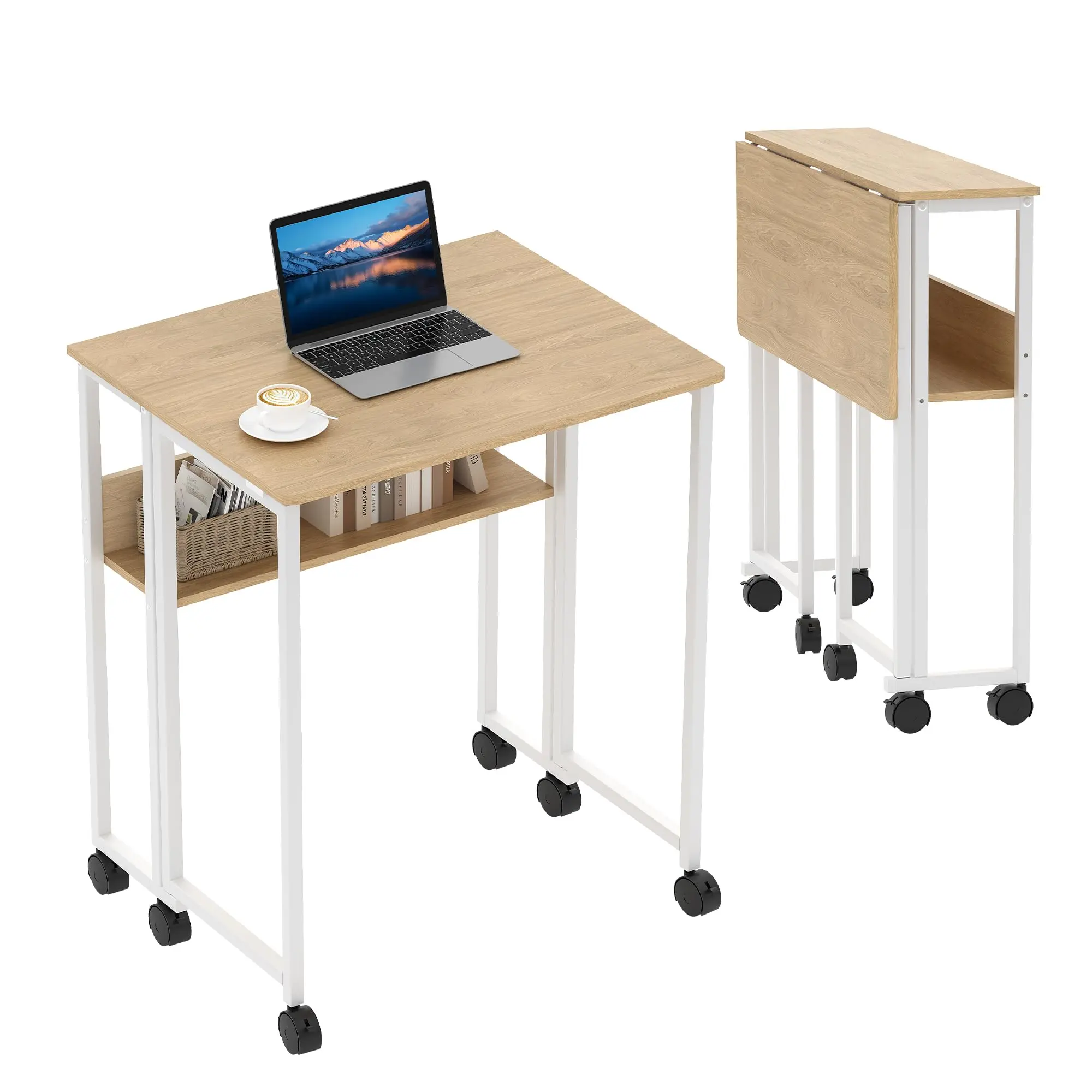 Small Folding Desk with Storage Shelf, 80 Cm Computer Rolling Desk on Wheels Easy Assembly, Foldable Desk