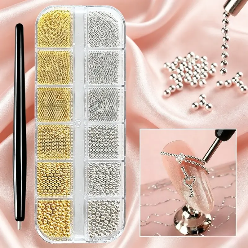 Fashion Minimalist Nail Art Decorations Gold Silver Mixed Size Micro Caviar Steel Beads Complete Kit With Dotting Pen For Daily Casual & Formal Manicure Looks