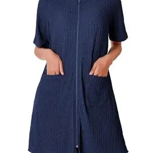 Women Zipper Robe Short Sleeves House Dress Knit Short Bathrobe Sleepwear with Pockets Housecoat Nightgown