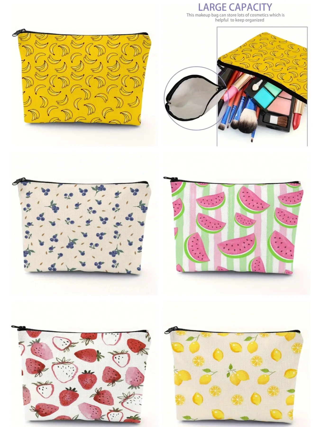Creative Fruit Travel Makeup Bag, Strawberry/lemon/blueberry/banana/watermelon Pattern, Zipper, Foldable, Large Capacity, Gift Idea