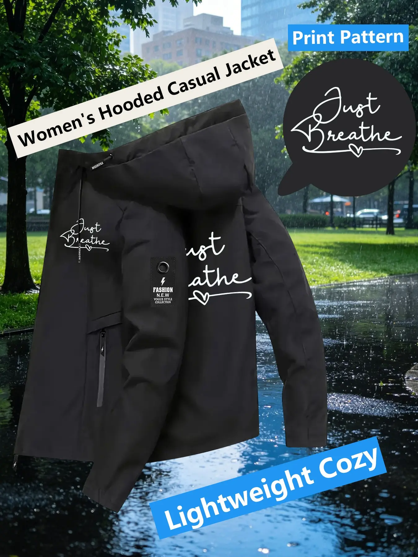 Women's Light Blue Hooded Windbreaker Jacket, Coats, Casual, Double sided Just Breathe Heart Cursive Print Two Colors Loose All Season Warm Jacket Ideal for Daily Commute Outdoor Hiking Climbing Wear Skin Friendly Breathable Machine Washable Plussize