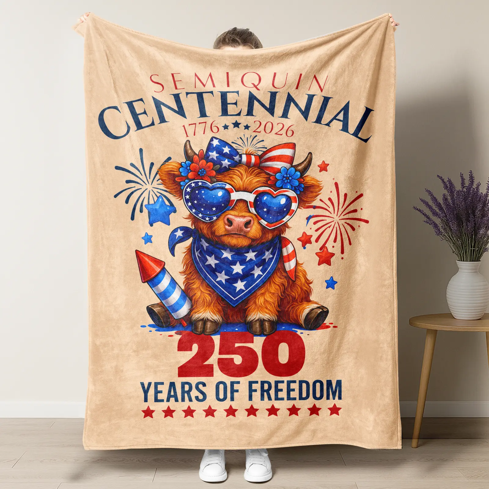 250th Anniversary Patriotic Highland Cow Graphic Throw Blanket - 1776-2026 USA Themed Home Decor Blanket, Unique Bicentennial Gift for 4th of July